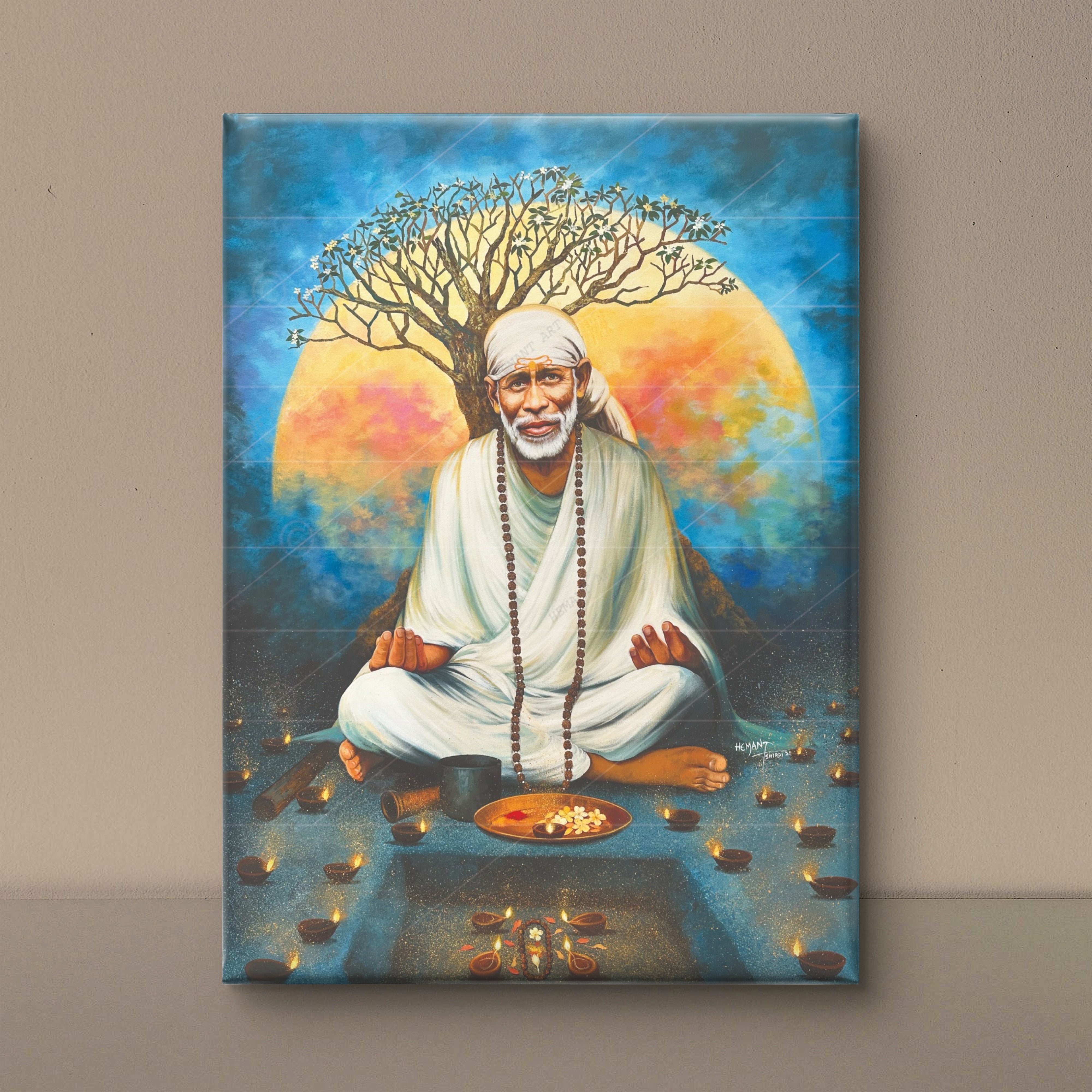 🖼️ Hemant Art Shirdi Sai Baba Meditation Photo Frame Canvas Painting/Canvas Wall Art – Spiritual Home Decor for Puja Room & Meditation Space Success Active